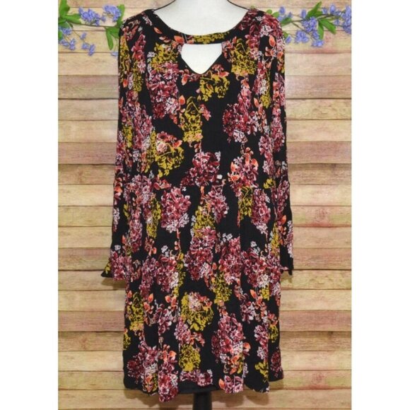 Nina Leonard Black Floral Boho Long Bell Sleeve Knee Length Dress Plus Size 2X - Picture 1 of 12